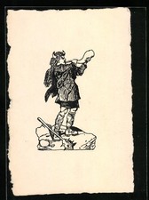 Künstler-AK Handgemalt: Krieger mit Horn und Streitkolben 