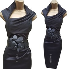 16 UK Karen Millen schwarz Satin Corsage Leder Gürtel Bleistift Kleid Hochzeit Gast