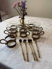 Vintage Messing-Teeglashalter mit Gläsernund Löffeln· Deutschland, 70er Jahre