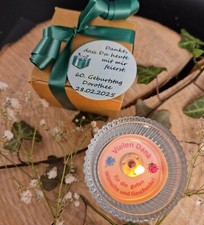 Gastgeschenk für runde Geburtstage-Teelicht im Glas mit Dankeschön u. Verpackung