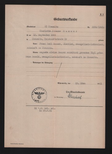 Chemnitz geburtsurkunde 1941 - chemnitz,,