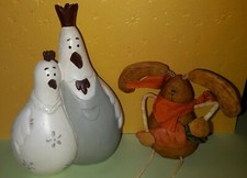 Standdeko Ostern    Hühnerpaar und Kantenhocker witziger Hase Keramik