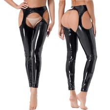 Damen Lack Leder Schritt öffnen Lederhose Glänzend Slim Fit Strumpfhose Clubwear