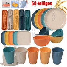 58-tlg Unzerbrechliches Geschirr-Set Kunststoff Teller und Schüssel Besteck Sets