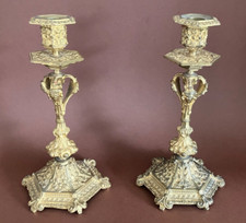 Antik Kerzenleuchter Paar Bronze Feuervergoldet Dekoratio 23x12cm Fratzen Floral