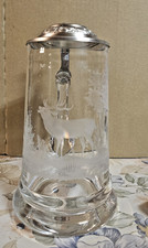 Bierkrug - Bierglas- Seidel mit Zinndeckel -graviert Gravur "HIRSCH" Bay. Wald