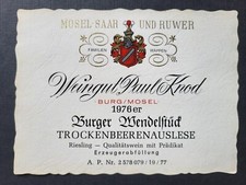 Weinetikett Burger Wendelstück Trockenbeerenauslese Riesling P. Knod 1976 MOSEL