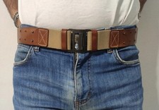 Lacoste Gürtel, Leder braun und Textil beige, Metall-Schnalle, EYECATCHER