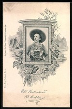 Ansichtskarte Karl May als Cowboy mit Ara auf einer Liane 