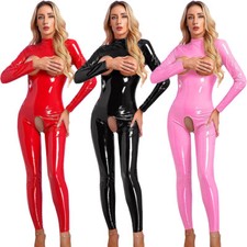 DE Damen Wetlook Catsuit Overall Glänzend Lackleder Jumpsuit Ganzkörperanzug 