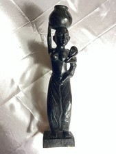 Afrikanische Ebenholz Figur, Frau mit Kind trägt Krug, Vintage, Handarbeit, 37cm