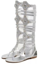 Sexy Römer Sandalen Stiefel Gladiator Silber Schnürung 39 Flach