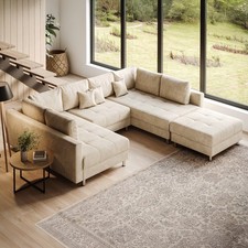 Moderne XXL Wohnlandschaft KENT 305cm champagner beige Samt Bigsofa inkl. Hocker