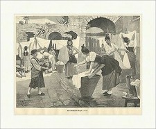 Eine Wäscherei in Neapel Hausfrauen Waschbrett Italien Trog Holzstich E 9338