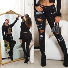 Damen Skinny Destroyed Jeans 34-42 Letter Print Used Look Risse Hose Röhre Denim