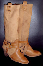 Hellbraun Stonewashed Damen Stiefel, Leder / Leinen mit Stiefelband Absatz 7 cm