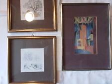 3 x Bilderrahmen mit kolorierten Zeichnungen hinter Glas