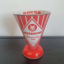 vintage Luchs Messbecher Metall ca. 50er Jahre rot weiß gestreift Measuring cup