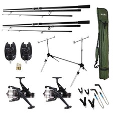 Angelset Karpfenrolle 2Ruten 2Freilaufolle Schnur Rod Pod Bissanzeiger Karpfenru
