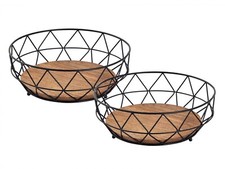 Obstschale Set 2x Brotkorb Obstkorb rund ø 28 H 10 cm Metall schwarz mit Holzbod