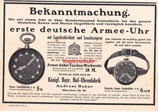 Deutsche Armee Uhr, Andreas Huber München, Hoflieferant, 1. Weltkrieg, Werbung