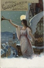 AK Glückwunsch zum Jahreswechsel, 1901, Engel mit Posaune, Kirchturm