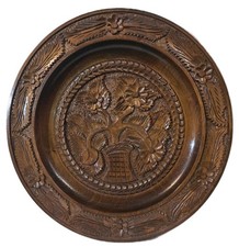 Wandteller, Handarbeit, Holz, Vintage, Blumenmotiv, ca. 38 cm Durchmesser
