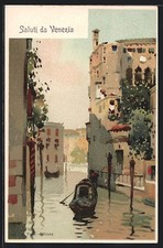 Lithographie Venedig, Kanalpartie mit Gondel im Sonnenschein 