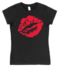 Lippen T-Shirt für sie taillierter Stil Größen 8-18 Kiss Lippenstift Mund Make-up Liebhaber