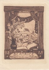 Exlibris Bookplate Radierung Ernst Liebermann 1869-1960 Veste Coburg Beatrice