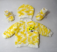 3tlg weiche Baby Ausfahr garnitur  Mütze Schuhe Jacke gelb Hand gestrickt 56/62