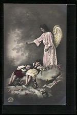 Schutzengel behütet schlafende Kinder, Ansichtskarte 
