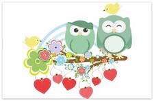 Wallario Teppich Fußmatte ab 50x70cm -Motiv Bunte Eulen kleinen Vögeln Ast Comic