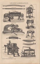 Lithografie 1898: LEDER-Fabrikation. Glätt-Stein Schuster Spalt-Walz-Maschine
