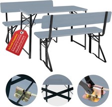 Kurze, graue Bierzeltgarnitur mit Lehne, Tisch und Bänken für Balkon und Garten
