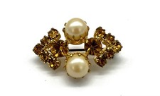 Modeschmuck Brosche, Perlen, gelbe Farbsteine, Rund, 31 mm lang