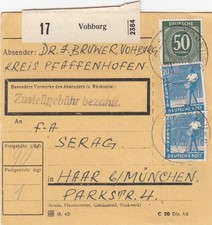 Paketkarte 1948 vohburg nach - 1948:,