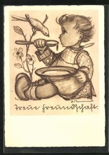 Künstler-AK Hummel: Mädchen verspeist ihr Suppe 