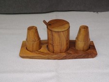 Menage Olivenholz, Salz, Pfeffer, Senftopf mit Löffel, vintage, 50er/60er