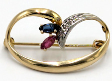 Elegante Gold Brosche 14K/0,585 Gelbgold Saphir, Rubin und Brollant