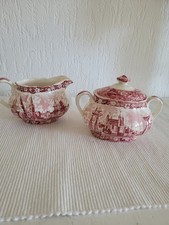 2 Stück Palissy Pottery Thames River Scenes,Zuckerdose Milchkännchen,Rosa, antik