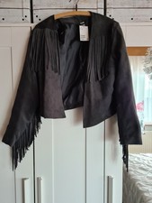 H&M Neu mit Etikett Bolero Jacke Damen schwarz Gr. 42 Wildlederimitat Fransen