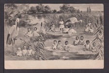 Ansichtskarte Künstler Kinder Babys am Storchteich Tiere Storch Klapperstorch