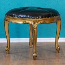 HOCKER SCHEMEL HOLZ ANTIKER GOLD-TON POLSTER SCHWARZ STRASSSTEINE