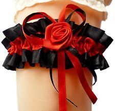 Satin-Strumpfband Braut schwarz rot mit Schleifen Rose Hochzeit Gothic EU