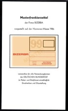 Musterfrankierzettel der Fa BIZERBA für alle Briefdienste der Bundespost 1986