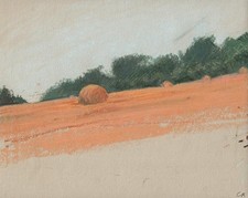 RUNDE HEUBALLEN AUF BAUERNHOFLANDSCHAFT Pastellzeichnung um 1940 SIGNIERT CB