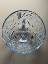 Art Deco Obstschale Pressglas Konfekt Schale blau Fußschale Dreifuß Glas Dekor