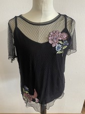 Spitzenshirt Mesh-Shirt Netzshirt schwarz Blumen Vogel Page one NEU Gr. 40/42