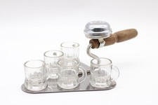 Schnapskelle Servierkelle mit Klingel mit 5 Pinnchen aus Glas Holzgriff Vintage
